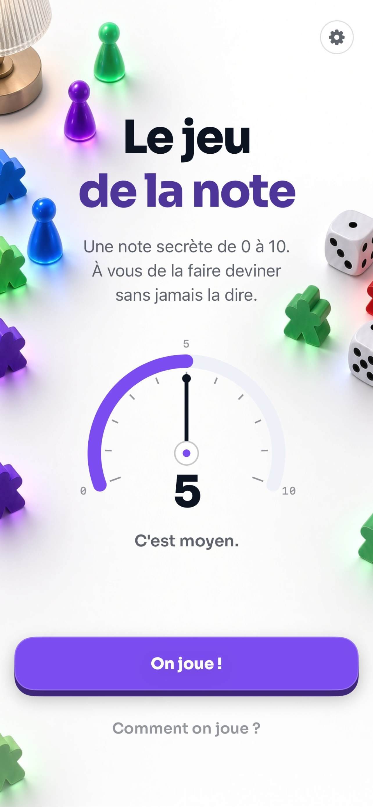 Écran d’accueil avec le cadran de la note de 0 à 10