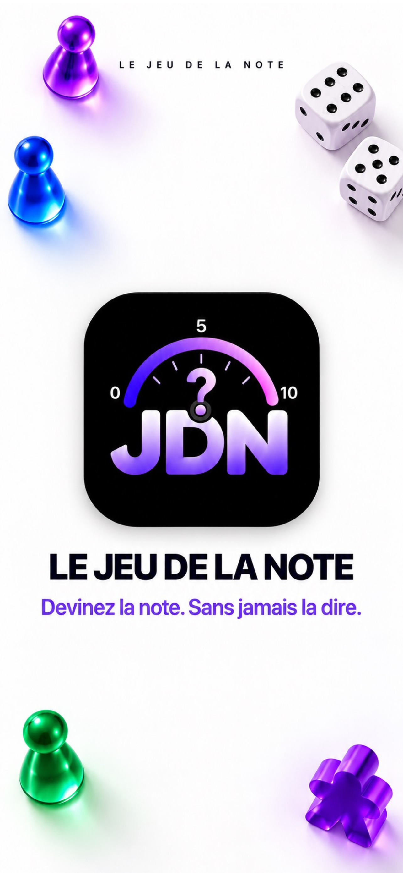 Le Jeu de la Note, avec son cadran violet, ses meeples et ses dés