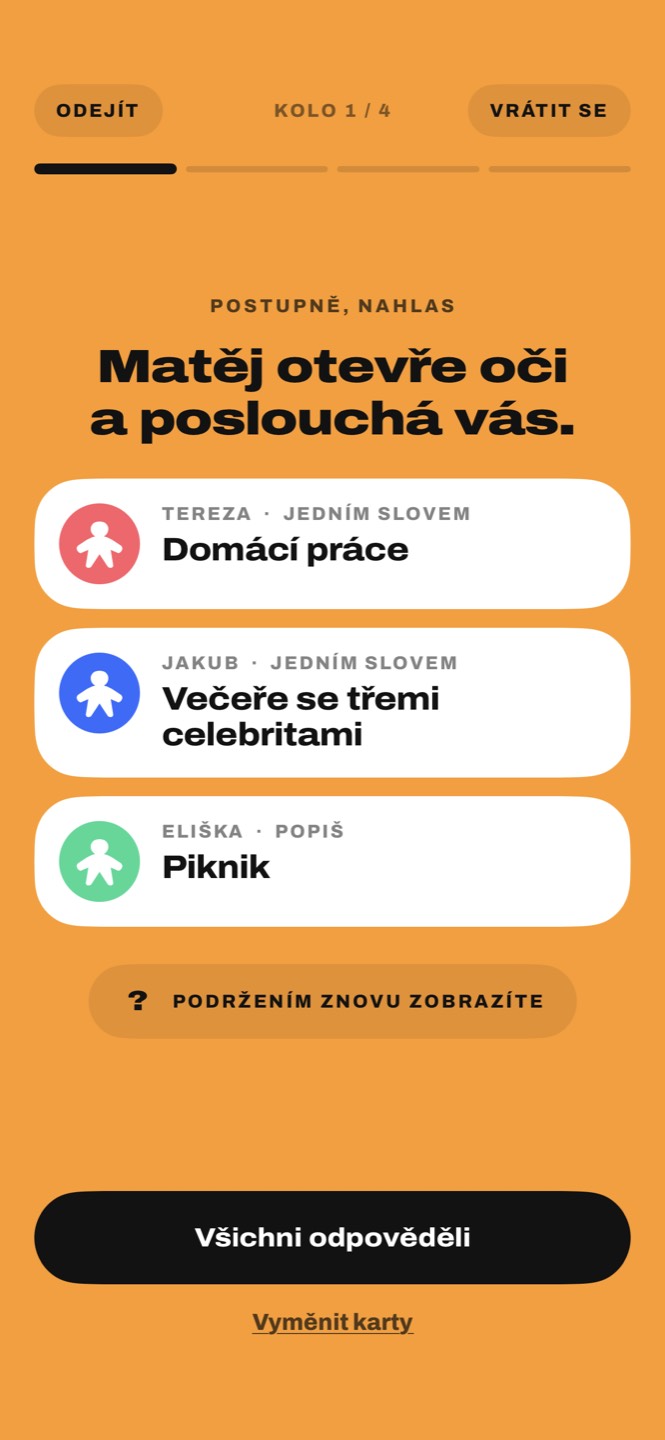 Karty tří hráčů: Domácí práce, Večeře se třemi celebritami, Piknik