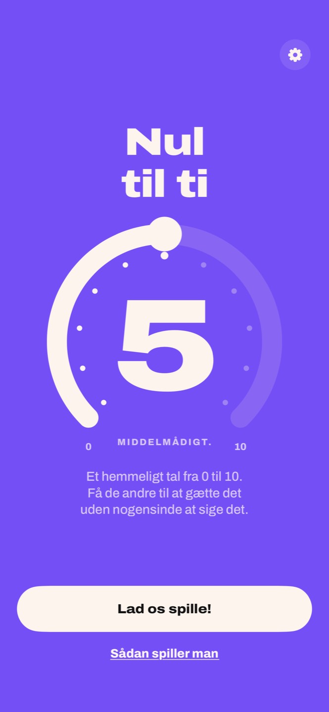 Startskærmen i Nul til ti: titlen og ringen fra 0 til 10 sat på 5