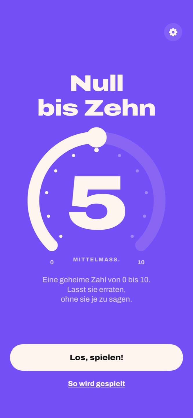 Der Startbildschirm von Null bis Zehn: der Titel und der Ring von 0 bis 10 auf 5
