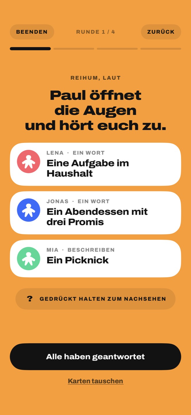 Die Karten von drei Spielern: Eine Aufgabe im Haushalt, Ein Abendessen mit drei Promis, Ein Picknick