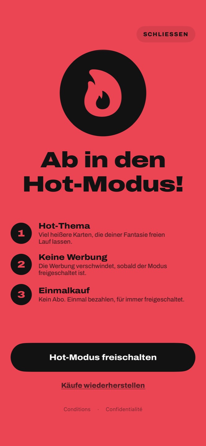 Der Bildschirm des Hot-Modus: Hot-Thema, keine Werbung, Einmalkauf