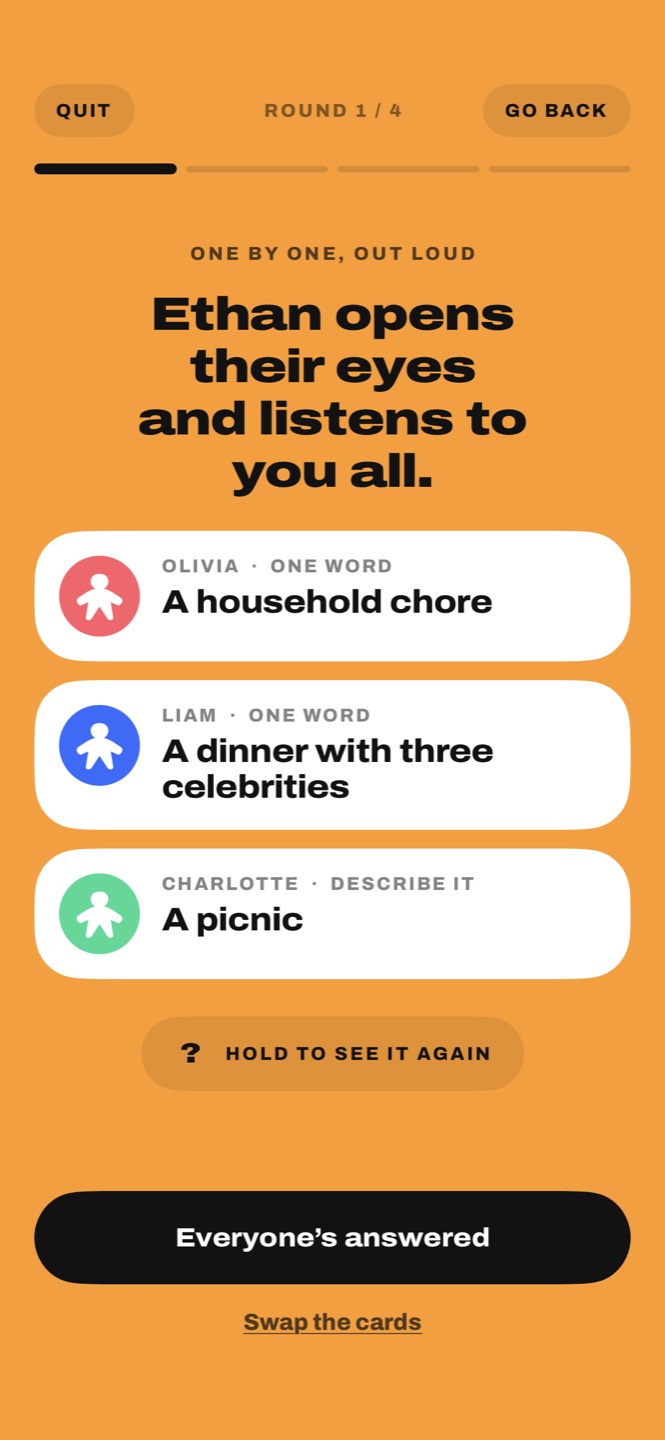Three players’ cards: a household chore, a dinner with three celebrities, a picnic