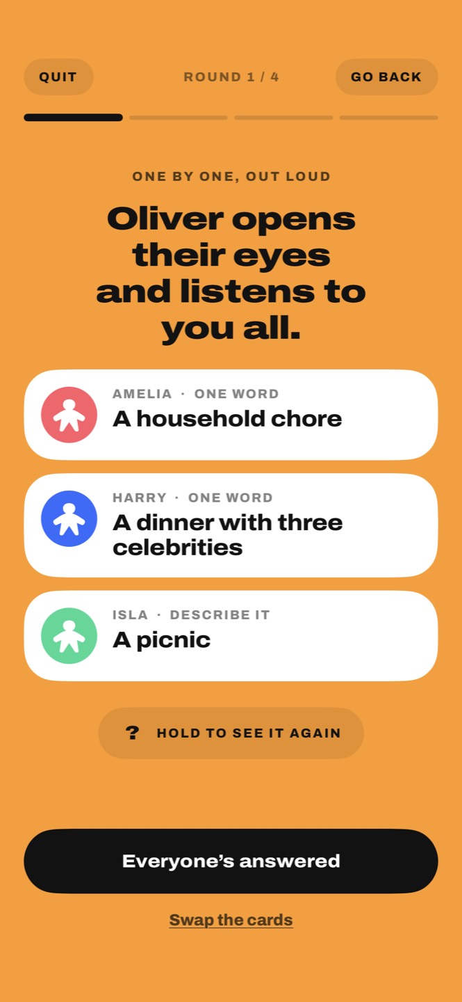 Three players’ cards: a household chore, a dinner with three celebrities, a picnic