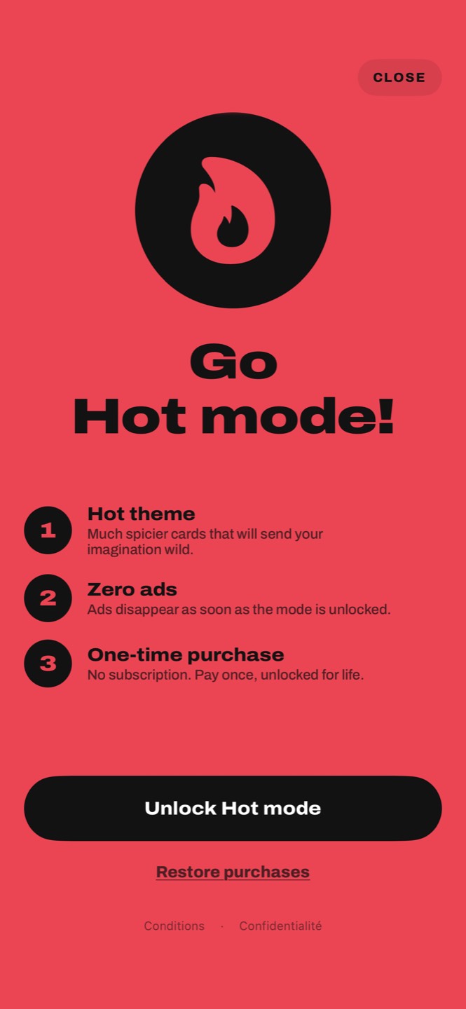 The Hot mode screen: Hot theme, no ads, one-time purchase