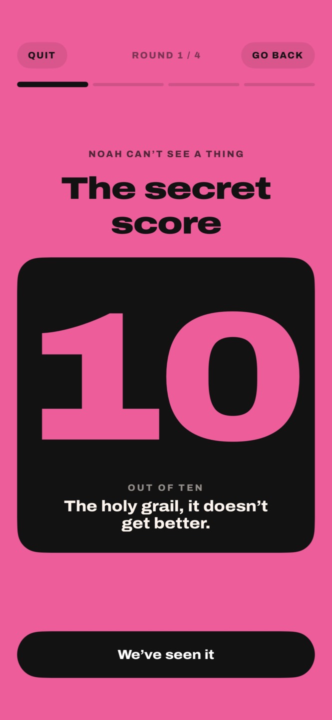 The secret score card flipped over, showing 10 out of ten