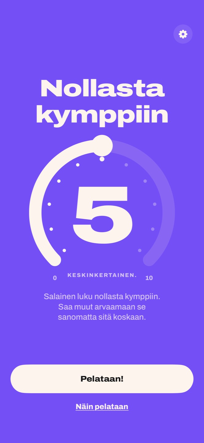 Nollasta kymppiin -pelin aloitusnäkymä: otsikko ja rengas 0–10 kohdassa 5