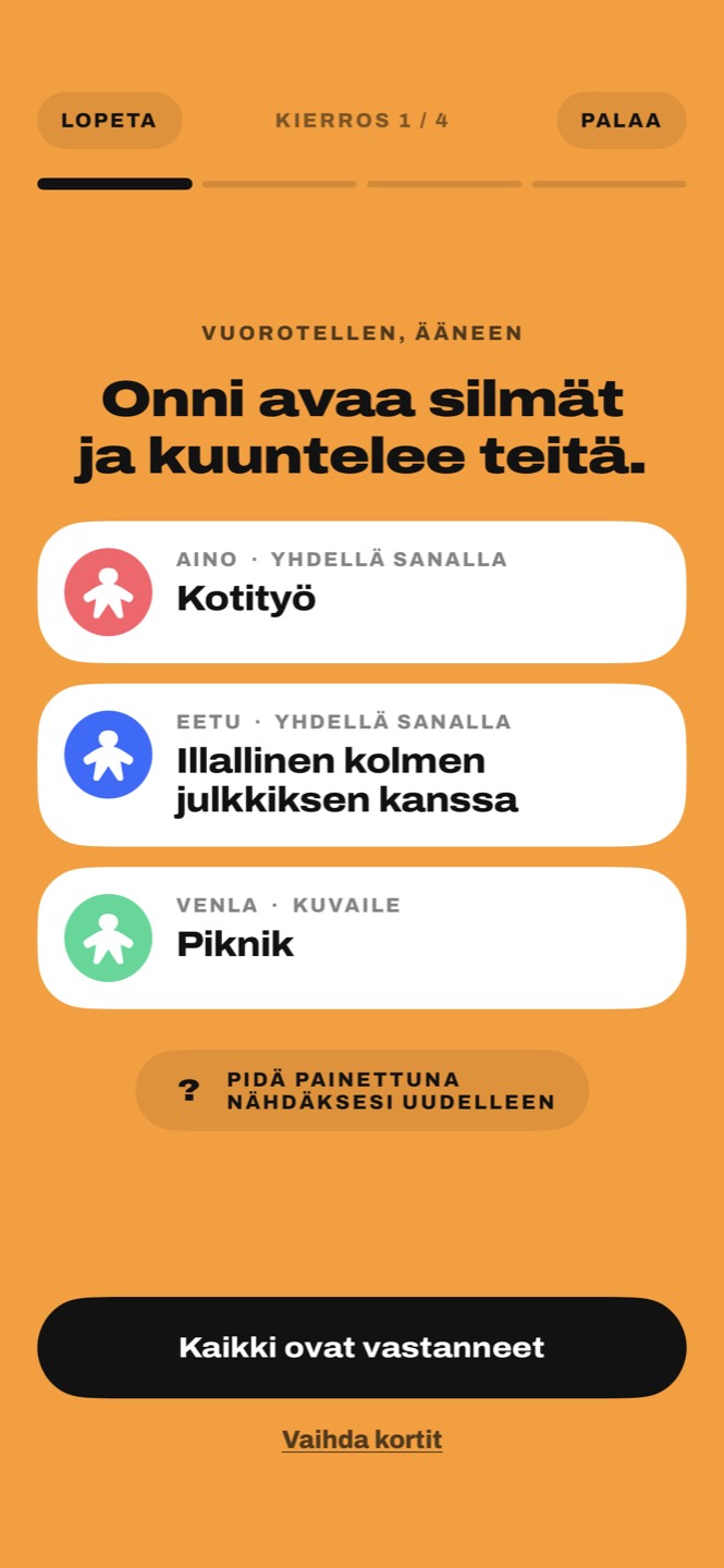 Kolmen pelaajan kortit: Kotityö, Illallinen kolmen julkkiksen kanssa, Piknik