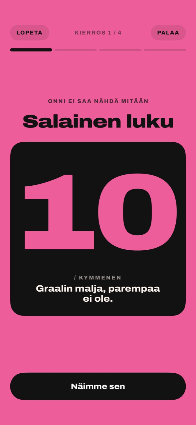 Salaisen luvun kortti käännettynä: 10/10