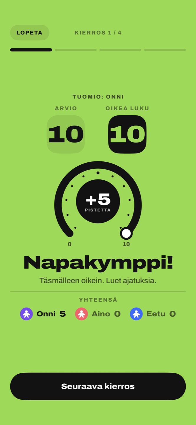 Tuomio: arvaus 10, oikea luku 10, viisi pistettä lisää, napakymppi