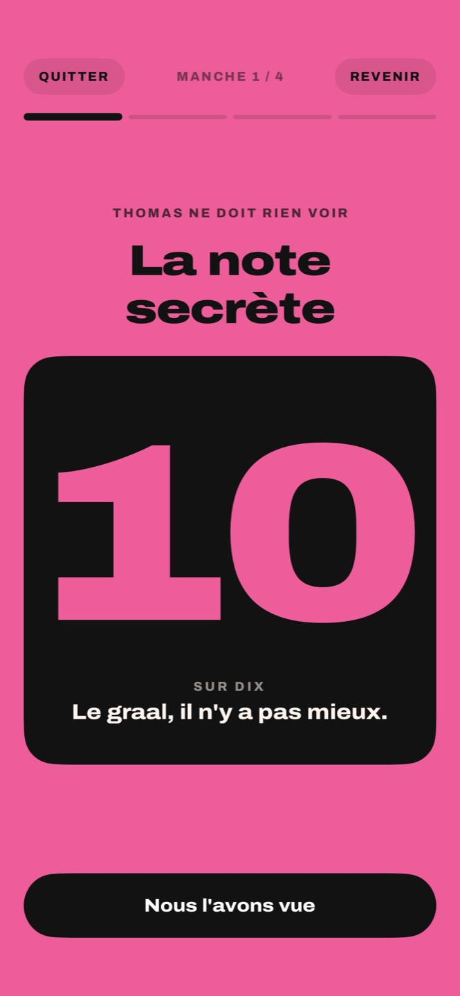 La carte de la note secrète retournée, qui montre 10 sur dix