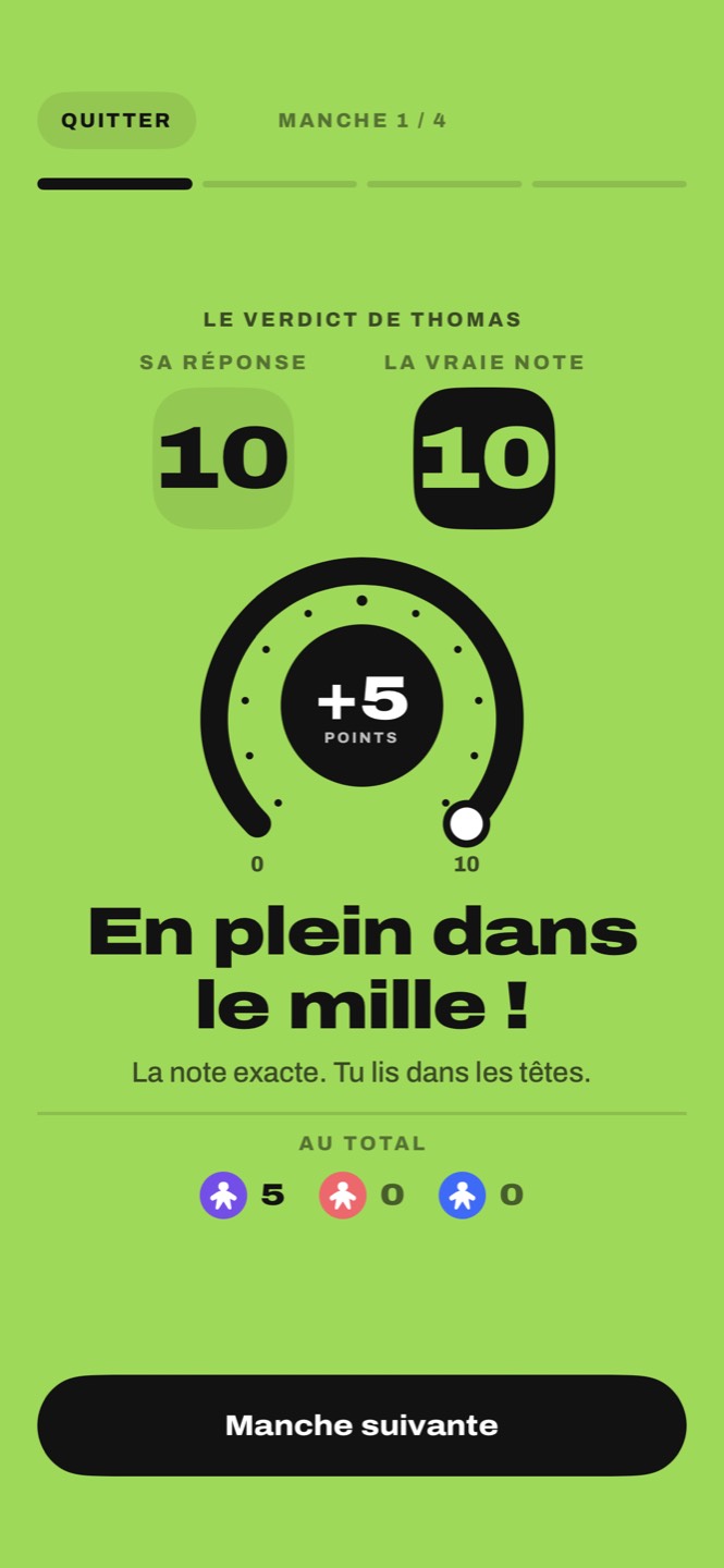 Le verdict : sa réponse 10, la vraie note 10, plus cinq points, Pile dessus