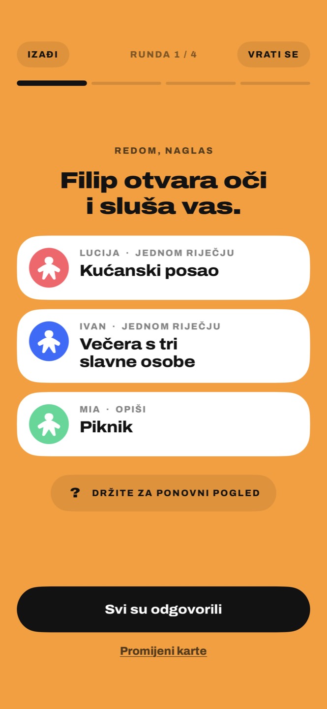 Karte troje igrača: Kućanski posao, Večera s tri slavne osobe, Piknik