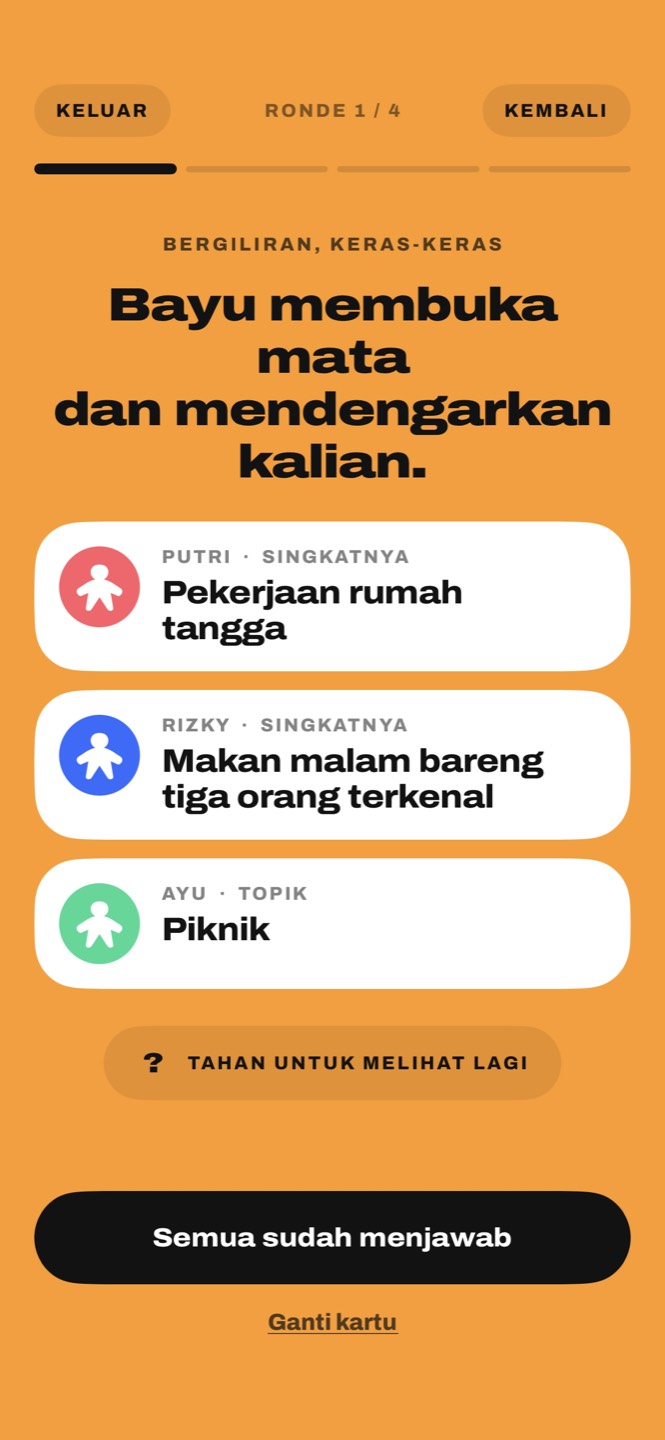 Kartu tiga pemain: Pekerjaan rumah tangga, Makan malam bareng tiga orang terkenal, Piknik