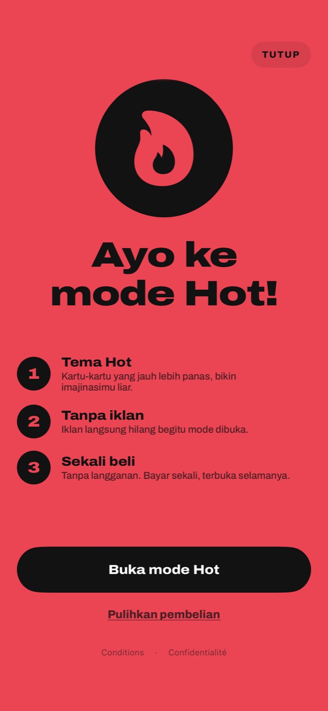 Layar mode Hot: tema Hot, tanpa iklan, sekali beli