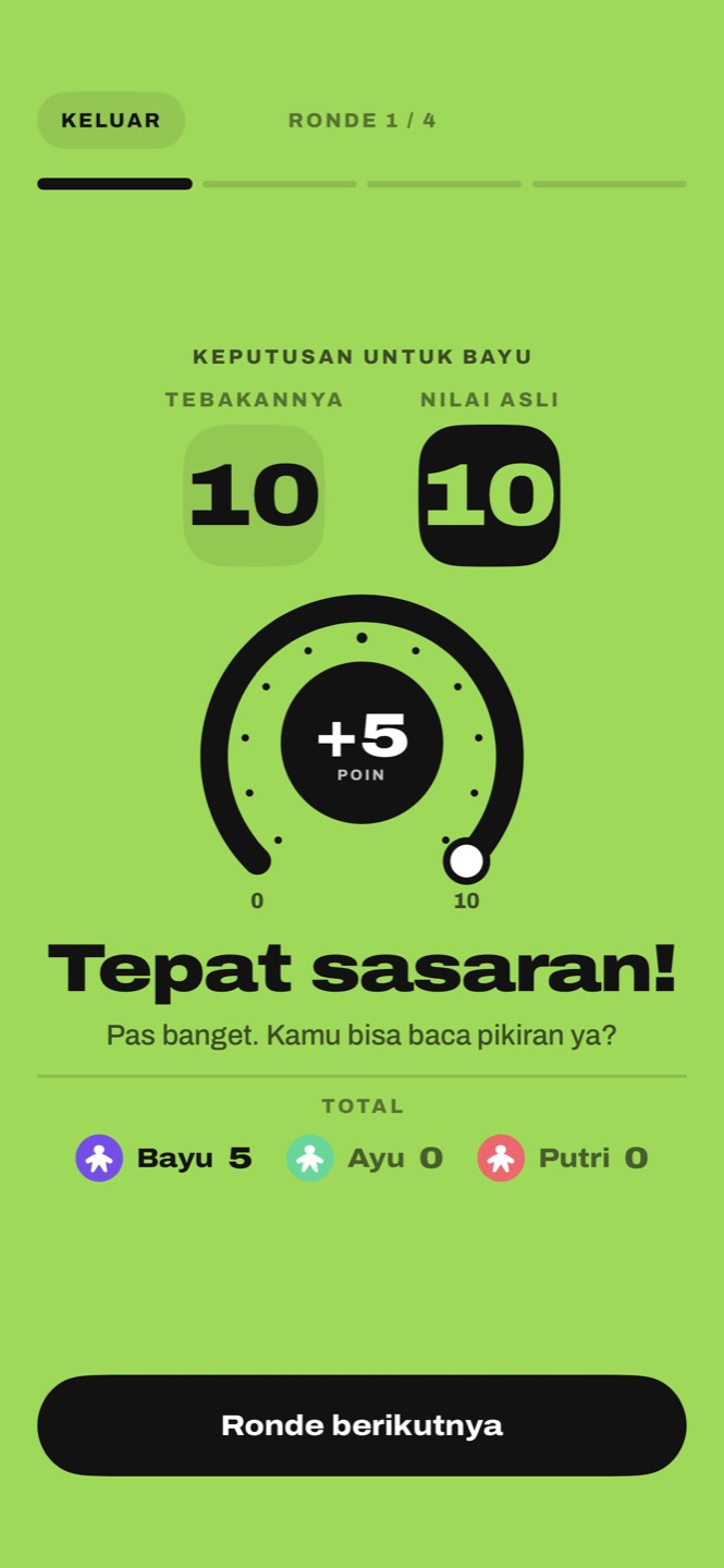 Keputusan: tebakan 10, nilai asli 10, tambah lima poin, tepat sasaran