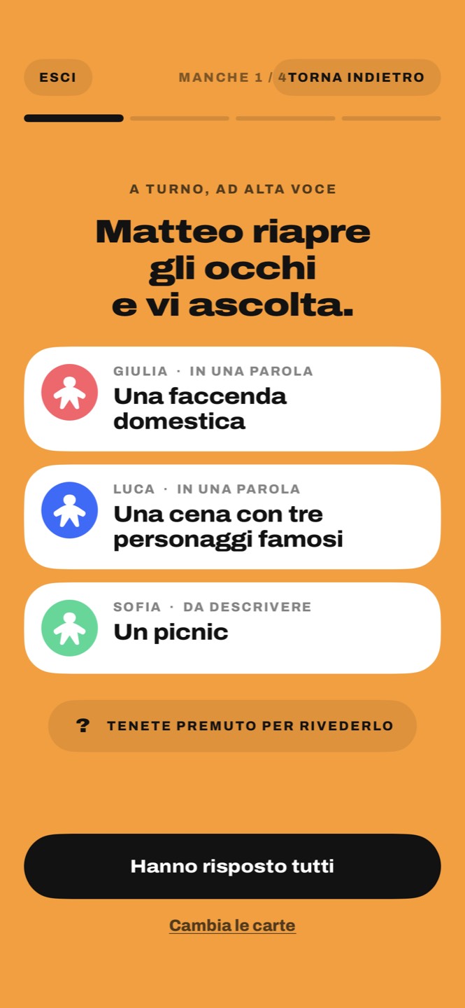 Le carte di tre giocatori: Una faccenda domestica, Una cena con tre personaggi famosi, Un picnic