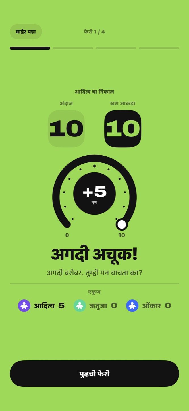 निकाल: अंदाज १०, खरा आकडा १०, पाच गुण, अगदी अचूक
