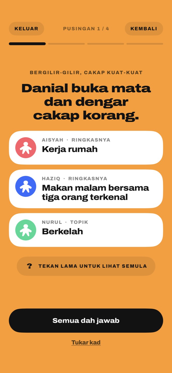 Kad tiga pemain: Kerja rumah, Makan malam bersama tiga orang terkenal, Berkelah