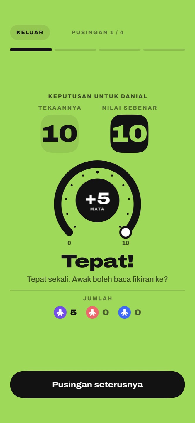Keputusan: tekaan 10, nilai sebenar 10, tambah lima mata, tepat