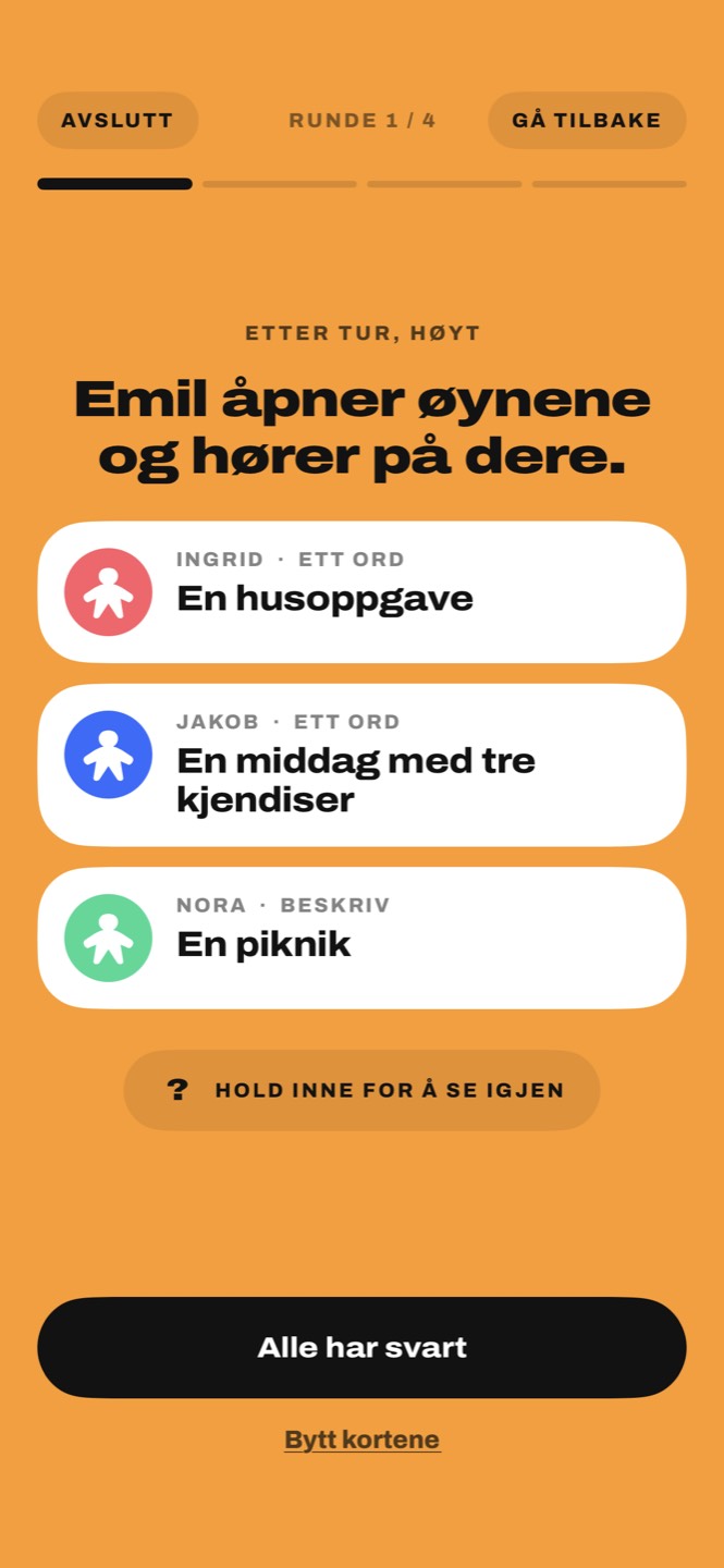 Kortene til tre spillere: En husoppgave, En middag med tre kjendiser, En piknik