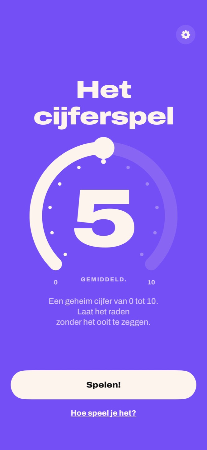Het startscherm van Het cijferspel: de titel en de ring van 0 tot 10 op 5