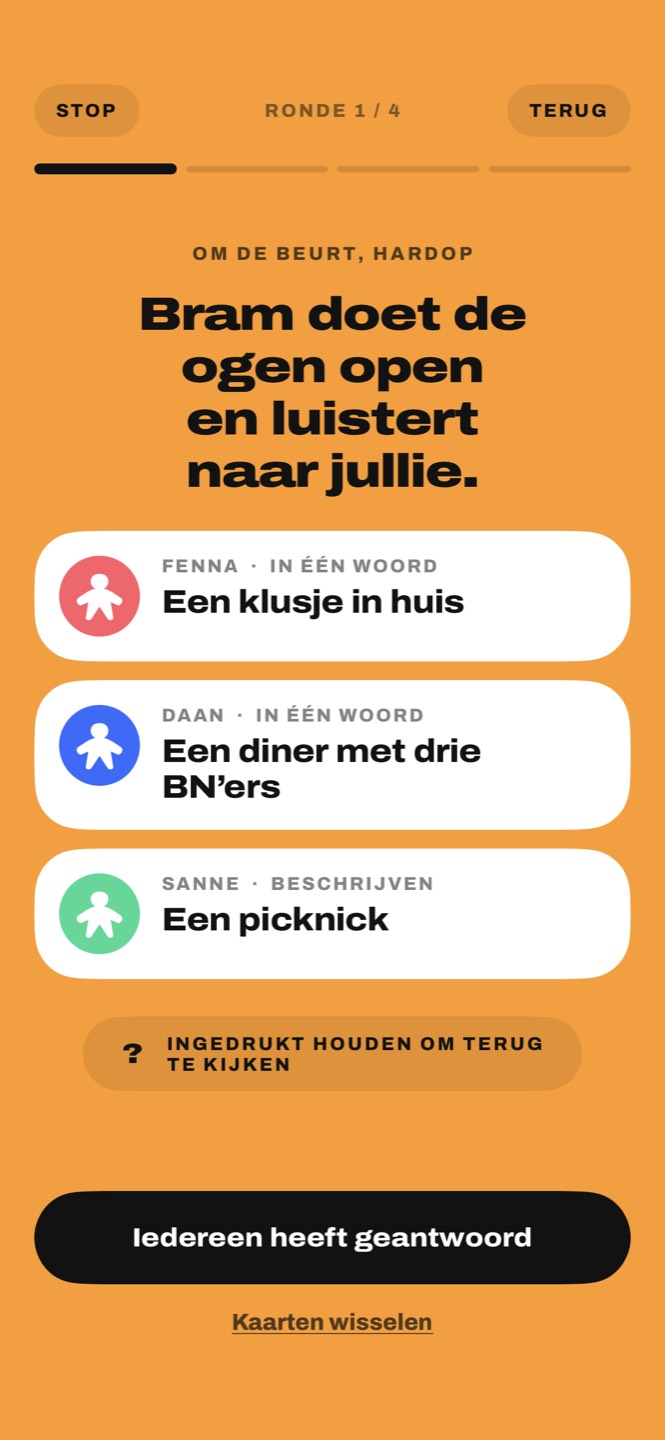 De kaarten van drie spelers: Een klusje in huis, Een diner met drie BN’ers, Een picknick