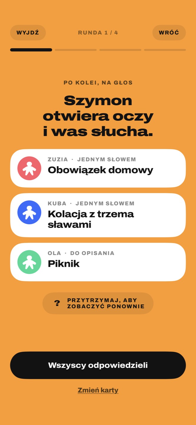 Karty trzech graczy: Obowiązek domowy, Kolacja z trzema sławami, Piknik