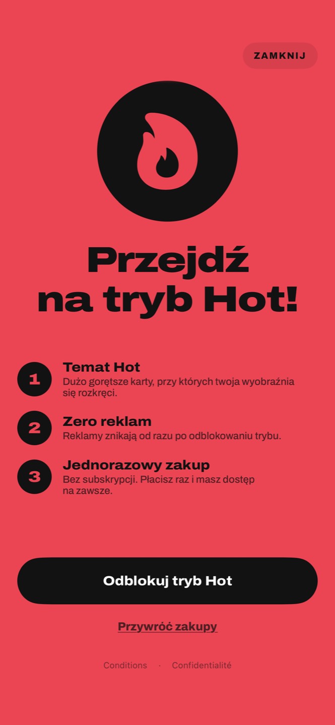 Ekran trybu Hot: temat Hot, zero reklam, jednorazowy zakup