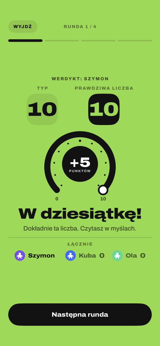 Werdykt: typ 10, prawdziwa liczba 10, plus pięć punktów, w dziesiątkę