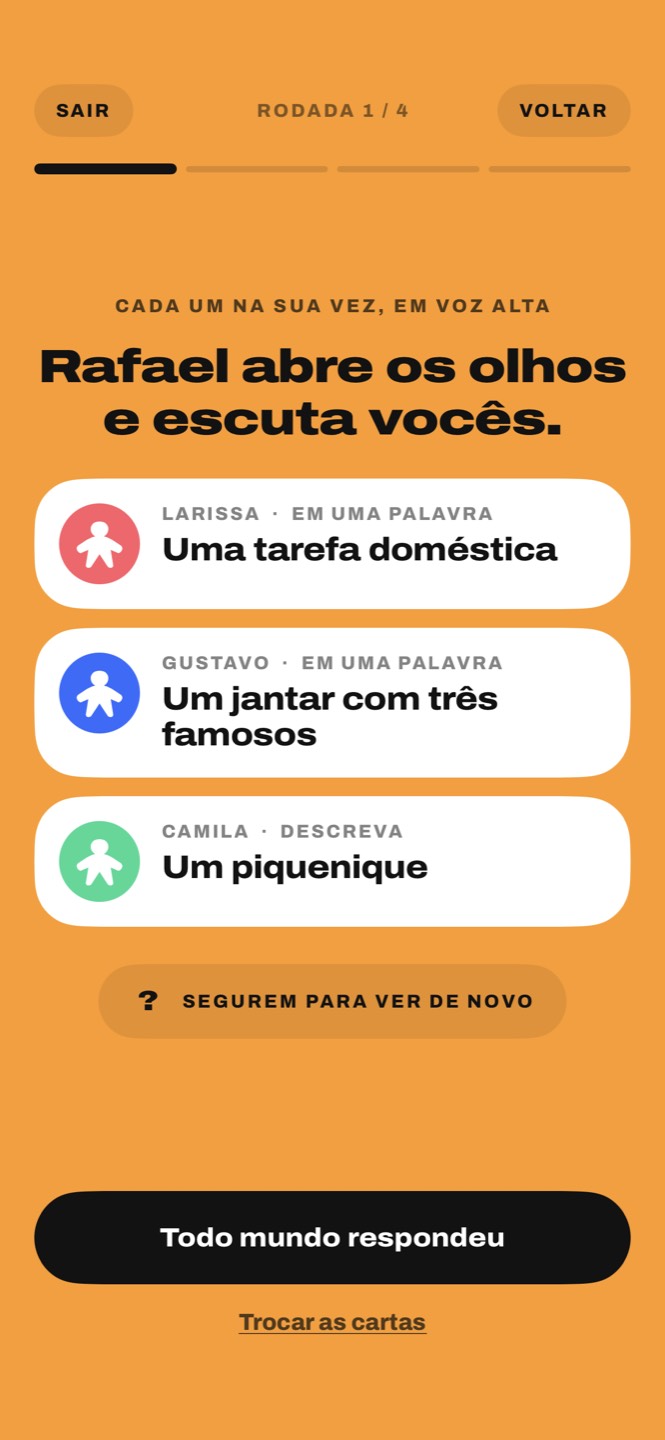 As cartas de três jogadores: Uma tarefa doméstica, Um jantar com três famosos, Um piquenique