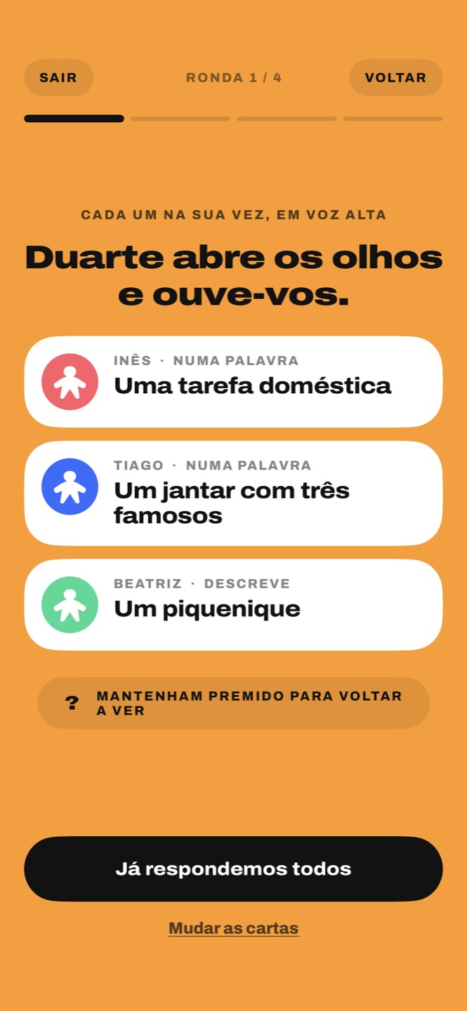 As cartas de três jogadores: Uma tarefa doméstica, Um jantar com três famosos, Um piquenique