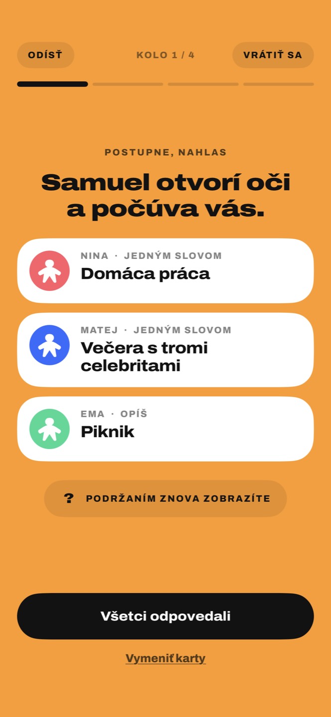 Karty troch hráčov: Domáca práca, Večera s tromi celebritami, Piknik