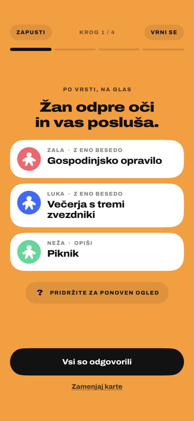 Karte treh igralcev: Gospodinjsko opravilo, Večerja s tremi zvezdniki, Piknik