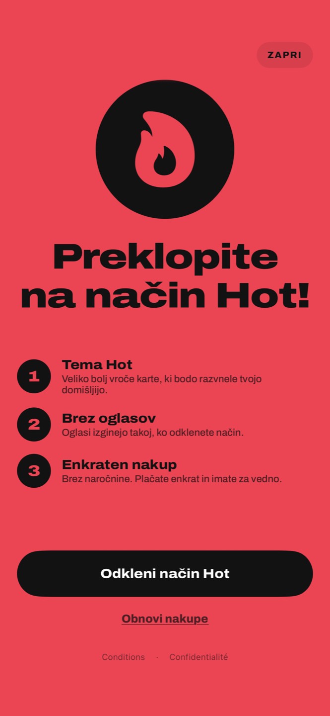 Zaslon načina Hot: tema Hot, brez oglasov, enkraten nakup