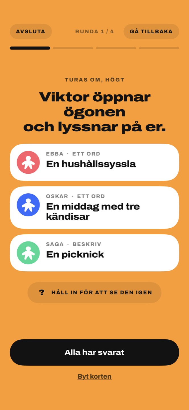 Tre spelares kort: En hushållssyssla, En middag med tre kändisar, En picknick