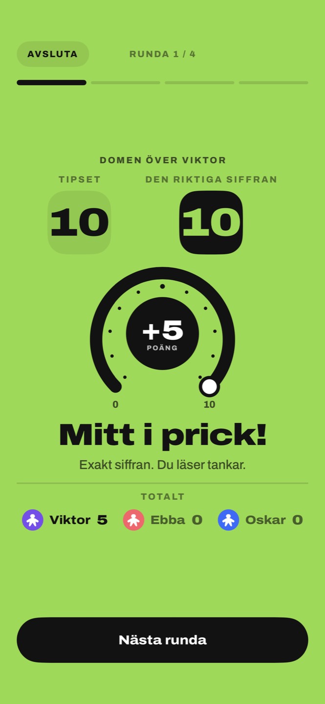 Domen: tipset 10, den riktiga siffran 10, plus fem poäng, mitt i prick