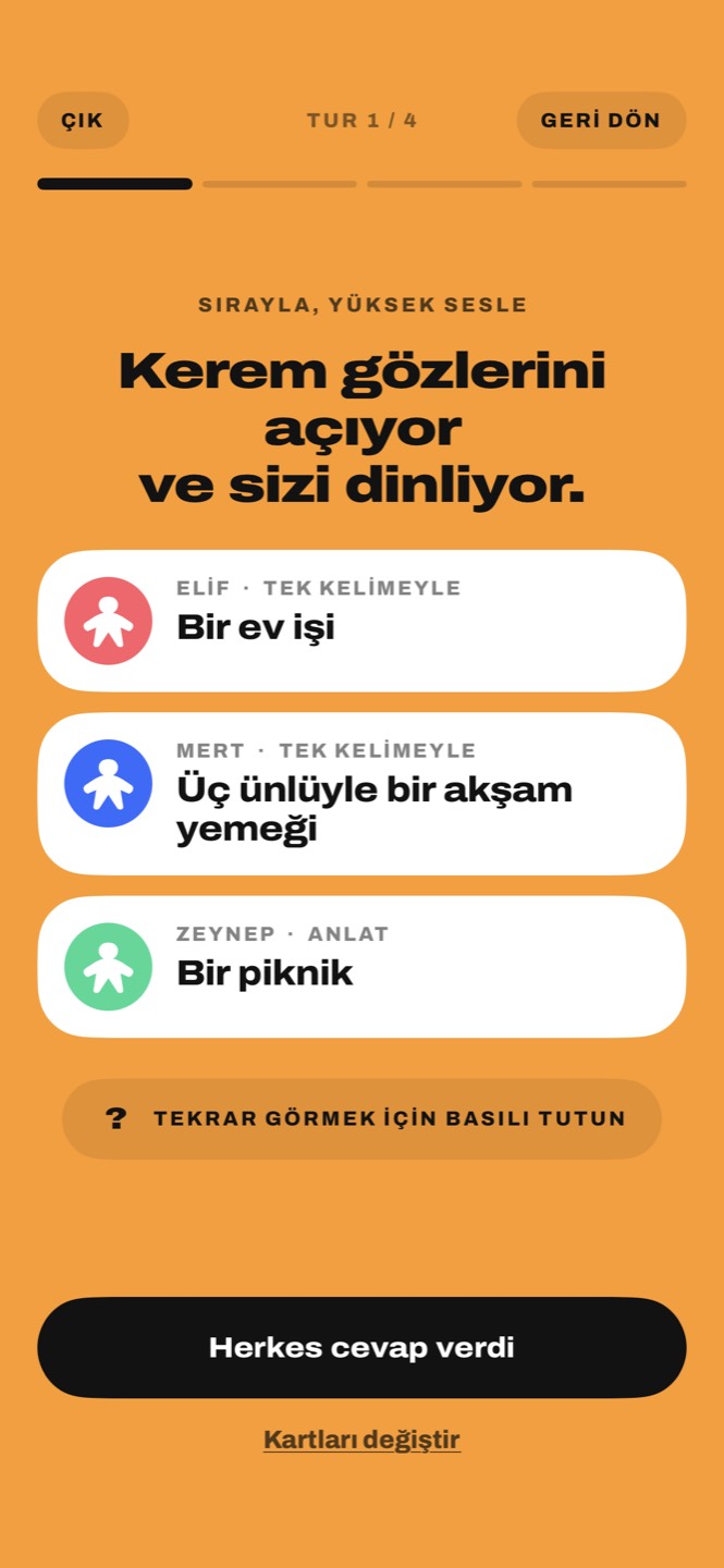 Üç oyuncunun kartları: Bir ev işi, Üç ünlüyle bir akşam yemeği, Bir piknik